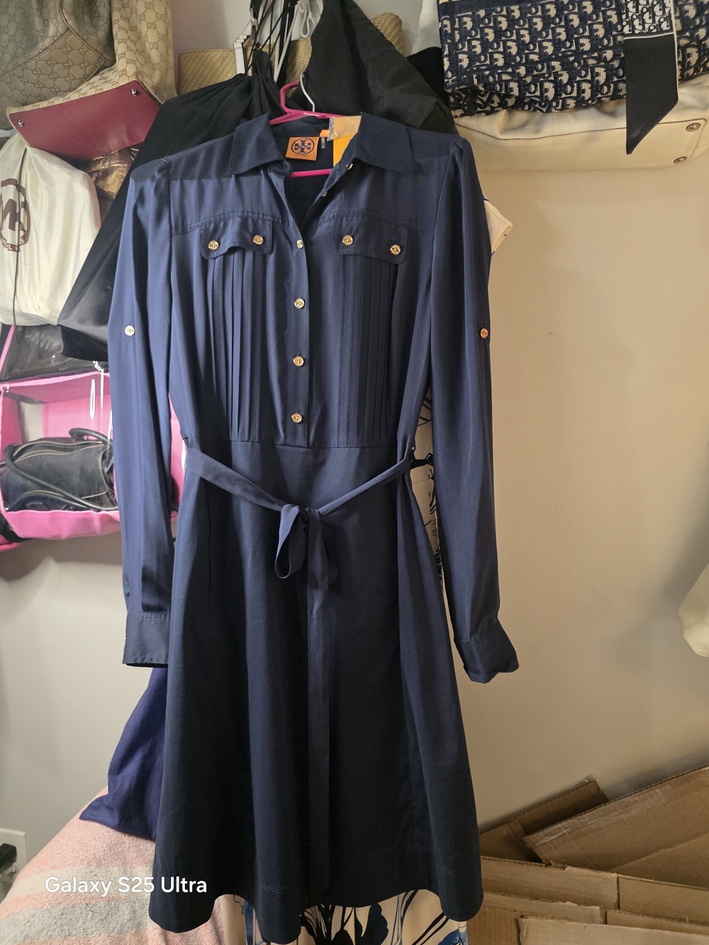 Tory Burch Beautiful Navy Blue Silk/Cotton Emmanuelle Belted Dress. NWT. SIZE 6